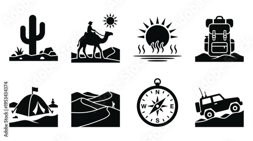 Desert Adventure Icons Vector – Camel Riding, Camping, Navigation, Exploration Graphic