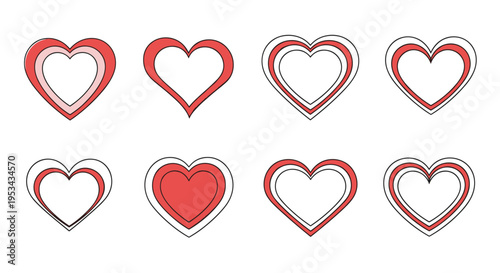 Collection of eight stylized heart icons with nested outlines in shades of pink and white for romantic and love themes.