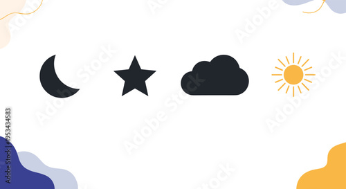 Weather forecast icons showing moon, star, cloud, and sun with abstract colorful waves in the corners of the composition.