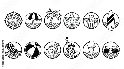 A collection of 10 black and white beach themed icons in oval shapes