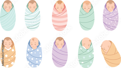 Swaddled Newborn Baby Collection Illustration with Cute Sleeping Infants Wrapped in Blanket Cocoon for Nursery Care Parenting and Infant Comfort Vector Design.