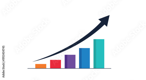 Bar chart showing significant growth with a dark upward pointing arrow for business success and financial profit reports.