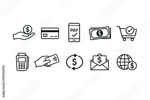 Financial and e commerce icons illustrating various payment methods and transactions