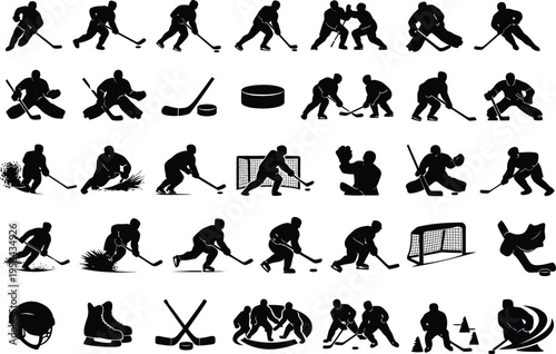 Photography 30 Ice Hockey Solid Black Silhouette Winter Sport Icons Set on White Background