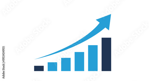 Professional blue bar chart showing a rising trend with an upward arrow for business growth and financial success reports.