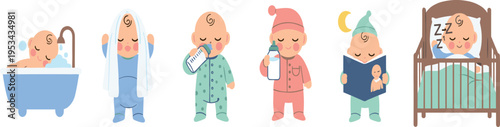 Baby Daily Routine Illustration Set with Bathing Dressing Feeding Reading and Sleeping Activities for Newborn Care Schedule Nursery Vector Design.