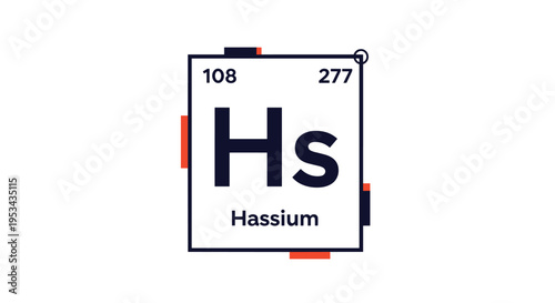 Periodic table of elements icon for Hassium with atomic number one hundred eight and mass two hundred seventy seven.
