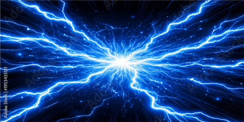 A seamless digital illustration of a blue fractal lightning storm over water featuring electric plasma waves and powerful energy flashes in a dark space pattern wallpaper design