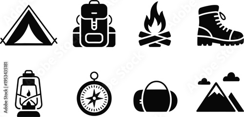Camping tent backpack campfire boot lantern compass sleeping bag mountain nature icons vector set