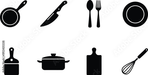 Kitchen equipment vector illustrations featuring frying pan knife cutlery set pot and cutting boards