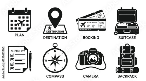 Travel Planning Icons Vector – Calendar, Map, Ticket, Suitcase, Checklist, Compass, Camera, Backpack