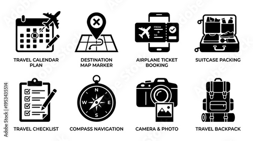 Travel Planning Icons Vector – Calendar, Map, Ticket, Suitcase, Checklist, Compass, Camera, Backpack