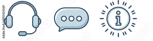 A collection of three essential customer service interface symbols including a headset, an ellipsis chat bubble, and a radiating information sign.