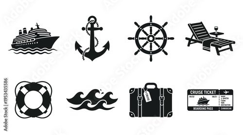 Cruise Icons Vector – Ship, Anchor, Life Preserver, Helm, Waves, Tickets, Luggage, Chair Graphic