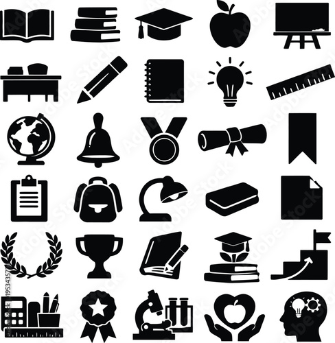 30 Día del Maestro Solid Black Silhouette Icons Set on White Background