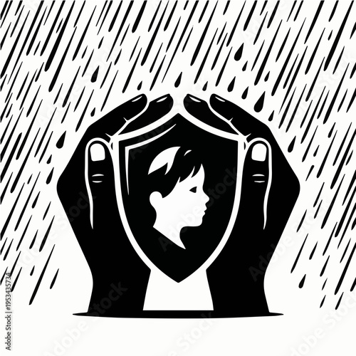 bold black and white vector icon of a classic shield featuring a child's face at the center, symbolizing legal defense, physical protection, and child rights advocacy against violence