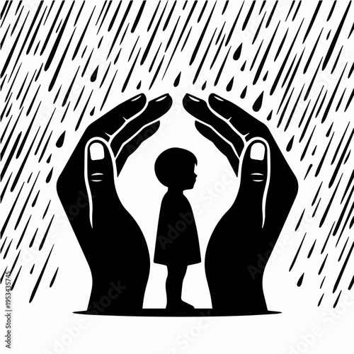 black and white minimalist icon featuring large adult hands gently embracing a child silhouette, symbolizing nurturing care, parental protection, and a sense of security