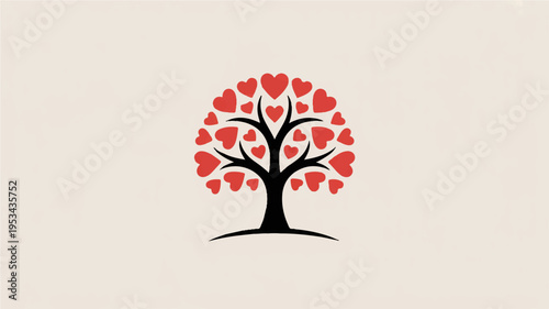 Minimal love tree logo with red hearts on branches and simple trunk on beige background for valentine's day or love concept