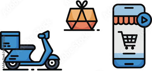 Motorcycle delivery scooter, wrapped gift box, and smartphone displaying an online shopping cart represent modern commerce logistics.