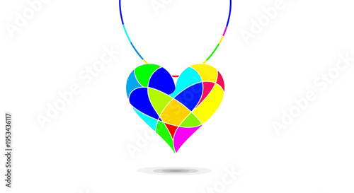 A vibrant, multicolored heart-shaped pendant on a delicate chain, showcasing a kaleidoscope of abstract geometric shapes, symbolizing love and individuality