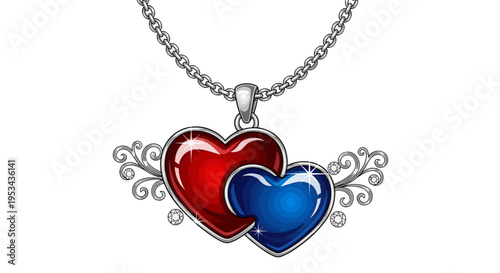 Elegant necklace featuring two intertwined heart pendants, one red and one blue, adorned with sparkling diamonds and decorative swirls