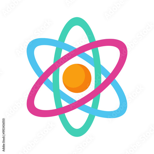 Colorful Atom Icon with Orbitals and Nucleus.
