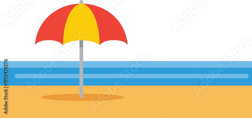 Beach umbrella in vibrant colors on sandy shore with calm ocean view in sunny daytime for travel advertising