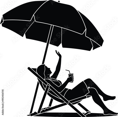 Black silhouette of a person holding a large umbrella in a storm rain