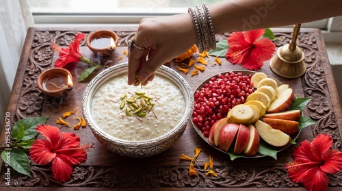 Woman hand garnishing Sabudana Kheer pudding for Navratri Bhog ritual offering