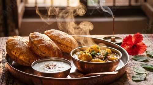 Traditional Navratri fasting meal with hot Kuttu Poori and Aloo ki Sabzi thali