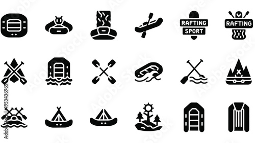 Rafting and white water kayaking sport flat icon collection