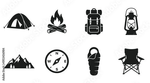 Camping Icons Vector – Tent, Campfire, Backpack, Lantern, Compass, Outdoor Adventure Graphic