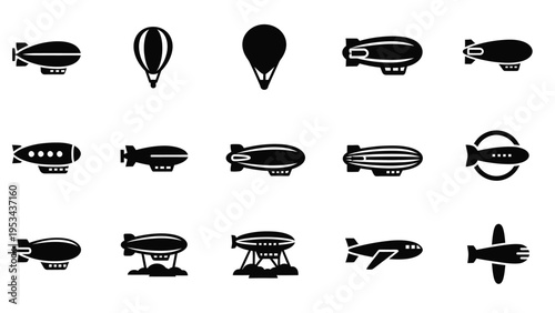 Set of airship and hot air balloon icons, black and white silhouettes for air transport and adventure concepts