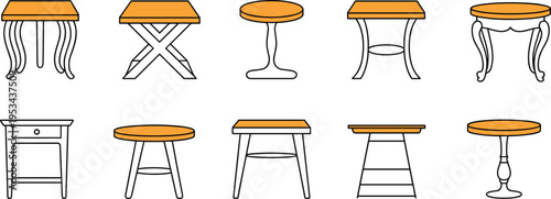 Collection of ten modern and classic table designs with unique leg styles and orange tabletops, showcasing furniture variety, interior decor inspiration, and creative structural aesthetic