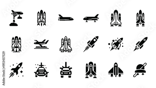 Collection of black silhouette vector icons and symbols featuring a sea ship, boat, yacht, and cargo tanker for travel, nautical transport, and maritime vessel design illustration
