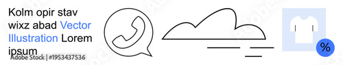 Online communication, cloud services, e-commerce, mobile support, digital discounts, retail design. Chat bubble with phone icon, cloud illustration shirt with a percentage icon. Communication