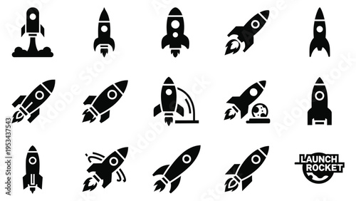 Set of vector icons and silhouettes featuring a cartoon rocket, spaceship, and airplane design for space travel and sea art with vintage ship signs and planet symbols
