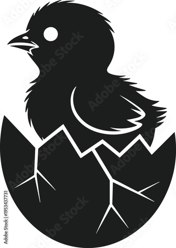 Black chick silhouette hatching from cracked eggshell vector graphic bird