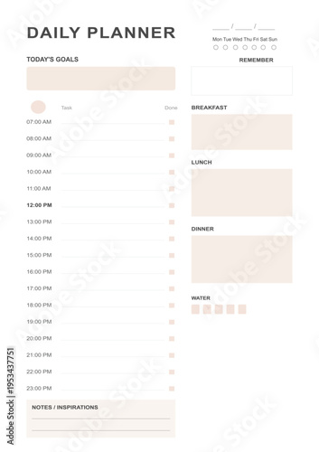 A daily planner page with a clean and modern design on a peach background
