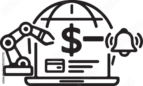Robotic arm and credit card on laptop screen with dollar sign and notification bell representing automated financial transactions and online commerce vector illustration