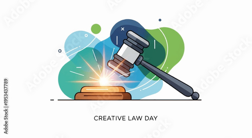 Gavel strikes creative law concept with bright light on wooden block symbolizing innovation and justice in a modern abstract background