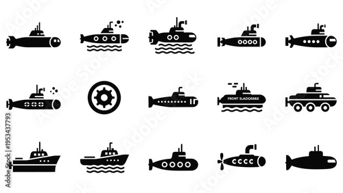 Submarine and underwater vessel icons representing naval and marine transport