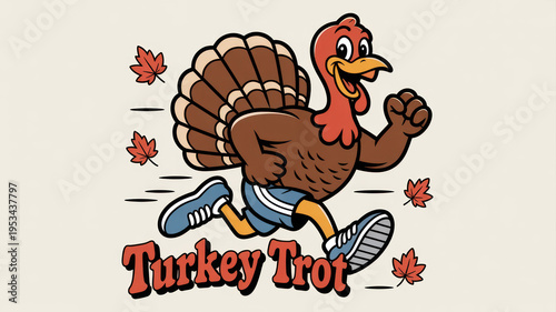 Cartoon turkey wearing blue shorts and sneakers running with autumn leaves  fun thanksgiving illustration
