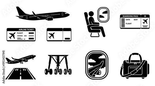 Airport Icons Vector – Airplane, Terminal, Boarding Pass, Security Scanner, Luggage, Control Tower Graphic