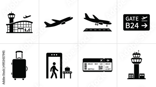 Airport Icons Vector – Airplane, Terminal, Boarding Pass, Security Scanner, Luggage, Control Tower Graphic