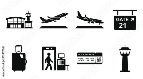 Airport Icons Vector – Airplane, Terminal, Boarding Pass, Security, Luggage, Control Tower Graphic