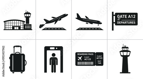 Airport Travel Icons Vector – Airplane, Terminal, Boarding Pass, Security, Luggage, Control Tower Graphic