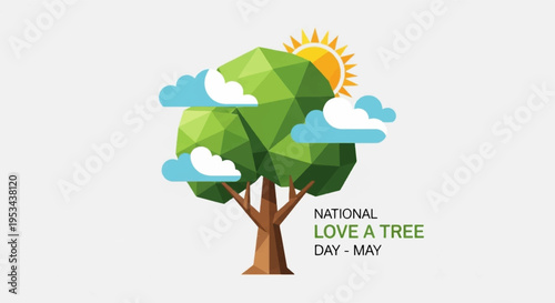 Tree with green leaves and brown trunk on national love a tree day in may with sun and clouds