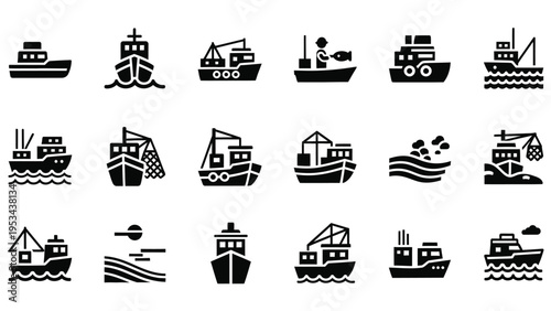 Commercial fishing boat and trawler icon collection with fishermen