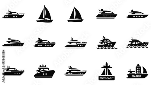 Set of vector boat icons representing various yachts and sailing vessels, ideal for water sports and travel designs